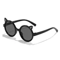 Cute black round frame sunglasses for kids featuring glittery cat ear decorations - Black Frame Grey Lens