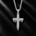 Macro detail of iced out silver dripping cross pendant encrusted with cubic zirconia - Water Drop Cross (With 3mm 24inch Stainless Steel Rope Chain) / Silver