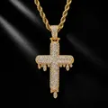 Detailed view of gold dripping cross pendant fully iced out with CZ stones on rope chain. - Water Drop Cross (With 3mm 24inch Stainless Steel Rope Chain) / Gold