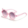 Cute pink glitter cat ear sunglasses for girls with round purple gradient lenses - Fluorescent Pink Frame Grey Lens