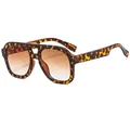Retro oversized double-bridge square sunglasses with tortoise frame and brown gradient lens. - Demi Frame Tea Lens