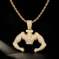 Macro detail of hip hop gold-plated muscle man pendant with micro-paved sparkling zircons. - Hercules Muscle Man Pendant (Stainless Steel Twist Chain) / Gold