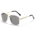 Stylish vintage double bridge sunglasses with gold metal frame and grey square lenses - Gold Frame Grey Lens