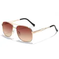Vintage double-bridge metal sunglasses with brown gradient lenses and square frame design. - Gold Frame Tea Lens
