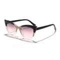 Stylish cat-eye sunglasses with black and clear color-blocked frame and pink lenses. - Cat Eye Shape / Black Coffee Patchwork (Pink Lens)