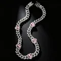 Detailed macro view of 10mm iced-out Cuban link pet collar with pink heart-shaped stones - 8 inch / Silver