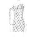 Sexy white polka dot bodycon mini dress featuring an elegant one-shoulder tie strap detail - S / White
