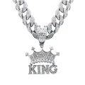 Silver-tone hip hop necklace featuring a fully iced out KING crown pendant with clear rhinestones - Silver Pendant Only (Without Chain)