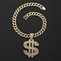 Luxury gold-plated hip hop dollar sign pendant necklace with iced-out Cuban link chain - With 18 Inch Cuban Chain / Gold