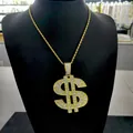Hip hop iced out dollar sign pendant necklace with sparkling clear crystals in gold finish - With 20 Inch Rope Chain / Gold