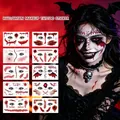 Detail view of various Halloween scar face tattoo stickers and model application view - EF031-040 Scar Eye Makeup Stickers / 10 Sheets Set