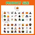 Detailed size chart for Halloween cartoon tattoo stickers with various spooky designs - Halloween Cartoon Pattern (X09-16) / 48 Stickers Set (8x12cm)