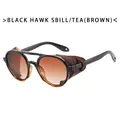 Vintage punk style aviator sunglasses with brown gradient lenses and leather side shields - Brown Leather Shields Aviator / Black Frame Double Tea Lens