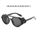 Vintage black punk double bridge sunglasses with textured leather side shields - Black Leather Shields Aviator / All Black