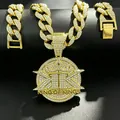 Close-up detail of iced out King of Kings pendant on a golden Cuban link chain - Pendant with Cuban Chain / 18 inch / Gold