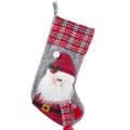 Grey and red Christmas stocking with 3D Santa Claus character and white fur beard - Santa Claus