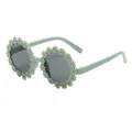 Children's round sunglasses featuring a cute mint green daisy flower frame design - Light Blue Frame Grey Lens