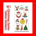 Cute Christmas cartoon temporary tattoo stickers sheet with Santa reindeer and penguin - WJ-011 Style