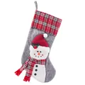 Detail of grey Christmas stocking with a 3D snowman and red plaid cuff decoration - Snowman