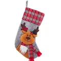 Detailed view of grey felt Christmas stocking featuring a 3D reindeer and red plaid - Deer