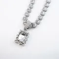 Elegant silver-toned tennis chain necklace with a large clear rectangular crystal pendant - Curb Chain / 20 inch / Silver White