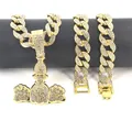 Ensemble collier et bracelet hiphop avec pendentif sac d'argent doré et cristaux strass - Or avec chaîne gourmette / 18 Pouces / Or