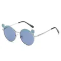 Cute children's polarized sunglasses with bear ears decoration and silver metal frame - Straight Leg Style / Silver Frame Blue Lens