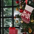 Red and white knitted Christmas stocking hanging on a tree with snowflake pattern - 14*9*0.8cm / Red White