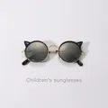 Cute cat-ear metal children's sunglasses with dark round lenses for summer sun protection. - Gold Frame Full Grey