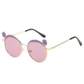 Cute bear-ear design children's metal frame sunglasses with purple round lenses - Straight Leg Style / Gold Frame Purple Lens