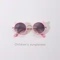 Pink round cat ear sunglasses for children featuring durable metal frames and UV protection - Gold Frame Pink Gradient Grey