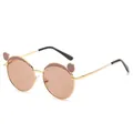 Stylish bear-ear children's sunglasses with gold metal frame and brown round lenses - Straight Leg Style / Gold Frame Tea Lens