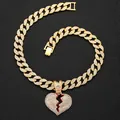 Collana hip-hop con ciondolo a cuore spezzato dorato e catena cubana con cristalli - Ciondolo Oro con Catena Cubana
