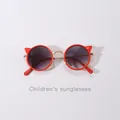 Children's round sunglasses with cute red cat ear frames and gold metal bridge. - Gold Frame Red Gradient Grey