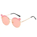 Cute pink polarized sunglasses for children featuring bear ears and golden metal frame - Straight Leg Style / Gold Frame Pink Lens