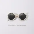 Cute white cat ear children's sunglasses with metal frames for summer sun protection - Gold Frame White Ring Grey Lens
