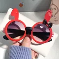 Cute red rabbit-eared sunglasses for kids featuring purple gradient lenses and fashion styling - Red Frame Black Temples Gradient Grey