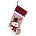Burlap Christmas stocking with buffalo plaid cuff and snowman design for holiday decor. - Snowman with Black Hat