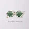 Cute children's sunglasses featuring metal frames with cat ear design in white and green - White Gold Frame Green Lens