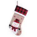 Burlap Christmas stocking featuring a snowman appliqué and red plaid cuff - Red Hat Snowman
