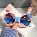 Cute pink and blue rabbit-shaped cartoon sunglasses for boys and girls UV400 protection - Pink Frame Blue Leg Gradient Gray Lens