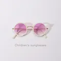 Cute round children's sunglasses with cat ear metal frame and pink gradient lenses. - White Gold Frame Gradient Purple
