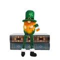 Detailed plush St. Patrick's Day leprechaun gnome with clover hat sitting on antique books. - Top Hat Style