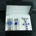 Set di gioielli di lusso con collana a croce, bracciale e orologio con quadrante blu. - Set Orologio Blu Argento Con Scatola