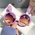 Cute purple rabbit cartoon sunglasses for kids with UV protection - Purple Frame Yellow Leg Gradient Gray Lens