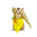 Detailed view of an Easter gnome with rabbit ears and yellow beard holding a carrot - Yellow Rabbit