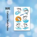 Vibrant set of cartoon shark temporary tattoos for kids with ocean and sunset patterns - Wave Sunset Shark (WK-170)