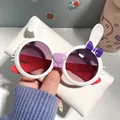 Cute white rabbit ears sunglasses with purple bow for kids UV protection design - White Frame Red Temples Gradient Grey