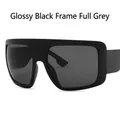 Oversized retro shield sunglasses with glossy black frame and gray lenses - Black Frame Grey Lens