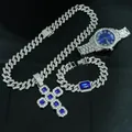 Lussuoso set di gioielli con collana a croce in argento e orologio blu ghiacciato - Set Orologio Blu Argento (Senza Scatola)